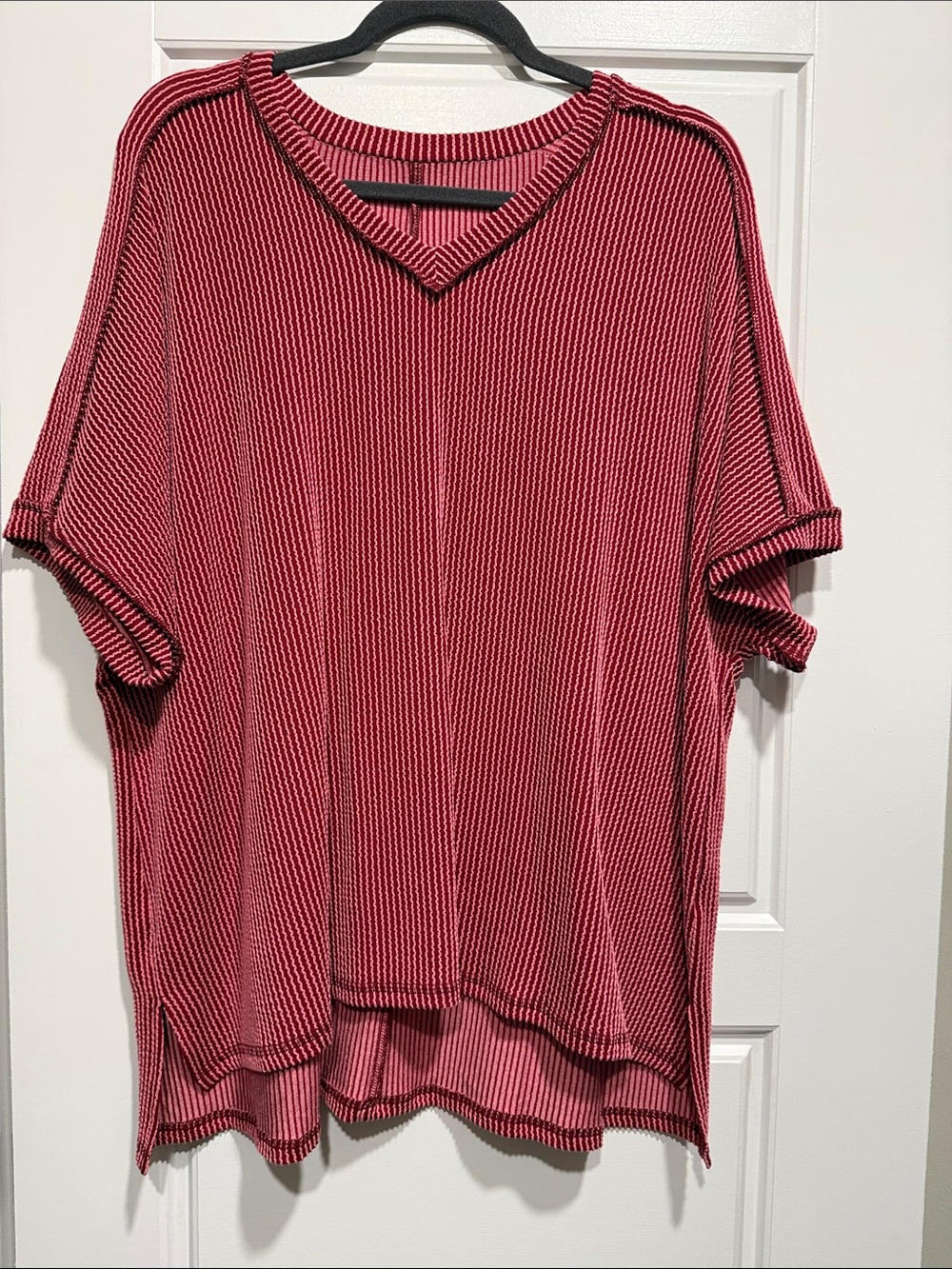 Relaxed Red Striped V-Neck Women's Top